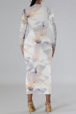 Grey Casual Colorblock National Totem Print Contrast O Neck Printed Dresses