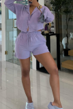 Purple Casual Solid Color Buckle Patchwork Turndown Collar Long Sleeve Two Pieces
