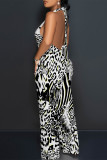 Red Sexy Geometric Print Tiger Stripes Pocket Backless Contrast Halter Loose Jumpsuits