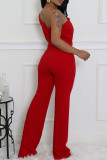 Ink Green Casual Daily Elegant Solid Color Backless Oblique Collar Bodycon Jumpsuits