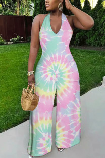 Multi-color Casual Gradient Print Tie Dye Pocket Backless Contrast Halter Loose Jumpsuits