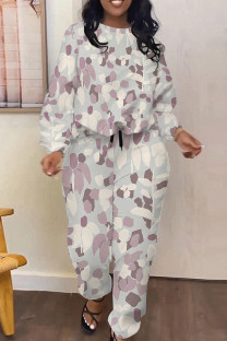 Light Purple Casual Leopard Print Pocket Contrast O Neck Long Sleeve Two Pieces