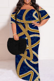 Baby Blue Sexy Floral Print Flounce Off Shoulder Printed Plus Size Dresses