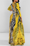 Golden Yellow Casual Snakeskin Print Leopard Tiger Stripes Pocket With Belt Contrast O Neck Printed Dresses
