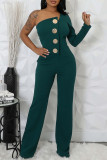 Ink Green Casual Daily Elegant Solid Color Backless Oblique Collar Bodycon Jumpsuits
