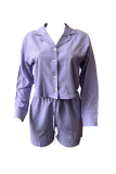 Purple Casual Solid Color Buckle Patchwork Turndown Collar Long Sleeve Two Pieces