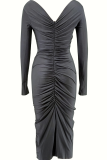 Black Elegant Solid Color Patchwork Ruched Flower Shape V Neck Wrapped Skirt Dresses