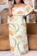 Apricot Sexy Floral Print Flounce Off Shoulder Printed Plus Size Dresses