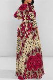 Golden Yellow Casual Snakeskin Print Leopard Tiger Stripes Pocket With Belt Contrast O Neck Printed Dresses