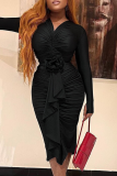Black Elegant Solid Color Patchwork Ruched Flower Shape V Neck Wrapped Skirt Dresses