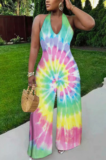 Rainbow Color Casual Gradient Print Tie Dye Pocket Backless Contrast Halter Loose Jumpsuits