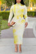 Yellow Elegant Floral Print Contrast Turtleneck Printed Dresses