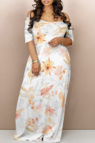 White Casual Geometric Print Flowers Contrast V Neck Printed Dresses