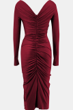 Black Elegant Solid Color Patchwork Ruched Flower Shape V Neck Wrapped Skirt Dresses