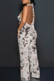 Multicolor Sexy Floral Print Pocket Backless Halter Loose Jumpsuits