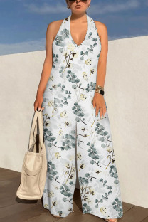 White Sexy Floral Print Pocket Backless Halter Loose Jumpsuits