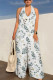 White Sexy Floral Print Pocket Backless Halter Loose Jumpsuits