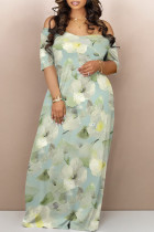 Light Green Casual Geometric Print Flowers Contrast V Neck Printed Dresses