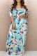Lake Blue Casual Geometric Print Flowers Contrast V Neck Printed Dresses