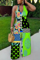 Green Sexy Geometric Print Tiger Stripes Pocket Backless Contrast Halter Loose Jumpsuits