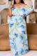 Baby Blue Sexy Floral Print Flounce Off Shoulder Printed Plus Size Dresses