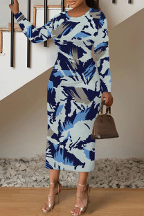 Blue Casual Colorblock National Totem Print Contrast O Neck Printed Dresses
