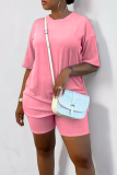 Pink Casual Solid Color Patchwork O Neck Short Sleeve Two Pieces