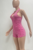 Blue Sexy Solid Color Patchwork Deep V Neck Skinny Rompers