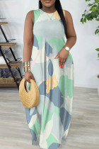 Light Blue Casual Colorblock Print Gradient Pocket Contrast O Neck Printed Dresses