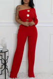 Ink Green Casual Daily Elegant Solid Color Backless Oblique Collar Bodycon Jumpsuits