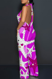 Red Sexy Geometric Print Tiger Stripes Pocket Backless Contrast Halter Loose Jumpsuits