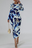 Grey Casual Colorblock National Totem Print Contrast O Neck Printed Dresses