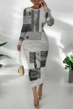 Grey Casual Colorblock National Totem Print Contrast O Neck Printed Dresses