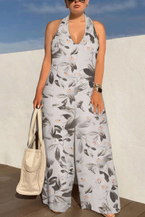 Grey Sexy Floral Print Pocket Backless Halter Loose Jumpsuits