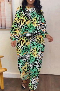 Green Casual Leopard Print Pocket Contrast O Neck Long Sleeve Two Pieces