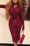 Black Elegant Solid Color Patchwork Ruched Flower Shape V Neck Wrapped Skirt Dresses