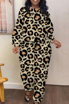 Leopard Print Casual Leopard Print Pocket Contrast O Neck Long Sleeve Two Pieces