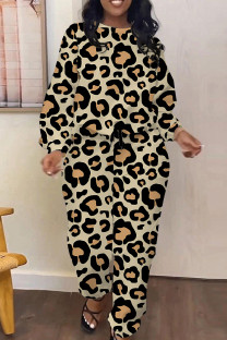 Leopard Print Casual Leopard Print Pocket Contrast O Neck Long Sleeve Two Pieces
