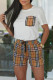 White Casual Plaid Draw String Patchwork Contrast O Neck Short Sleeve Two Pieces