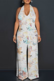Multicolor Sexy Floral Print Pocket Backless Halter Loose Jumpsuits