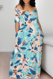 Light Green Casual Geometric Print Flowers Contrast V Neck Printed Dresses