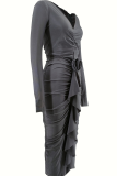 Black Elegant Solid Color Patchwork Ruched Flower Shape V Neck Wrapped Skirt Dresses