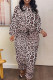 Pink Casual Leopard Print Pocket Contrast O Neck Long Sleeve Two Pieces