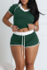 Green Casual Lace Up Patchwork Contrast V Neck Short Sleeve Two Pieces
