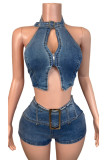 Sky Blue Sexy Casual Solid Color Backless Halter Sleeveless Two Pieces