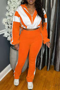 Orange Casual Sportswear Daily Patchwork Contrast Zipper Collar Long Sleeve Two Pieces
