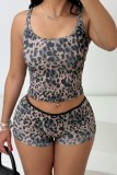 Brown Sexy Casual Leopard Print Basic U Neck Sleeveless Two Pieces