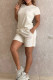 Apricot Casual Jacquard Letters Draw String Pocket O Neck Short Sleeve Two Pieces