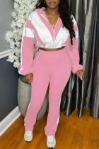 Pink Casual Sportswear Daily Patchwork Contrast Zipper Collar Long Sleeve Two Pieces