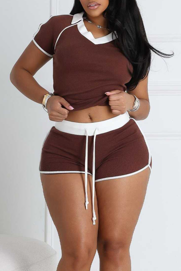 Coffee Casual Lace Up Patchwork Contrast V Neck Short Sleeve Two Pieces